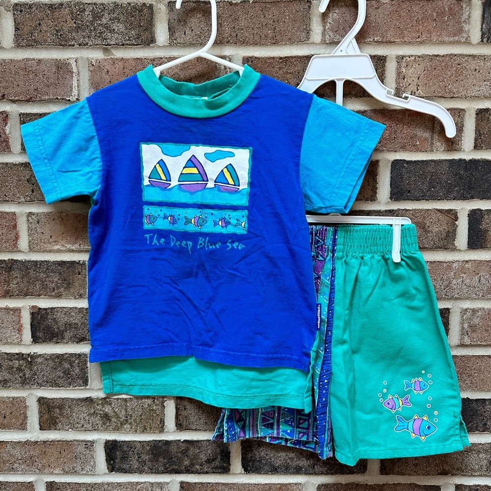 Oshkosh B’Gosh Vintage “Deep Blue Ocean” Two Piece Shorts Set (3TShirt/4TPants)